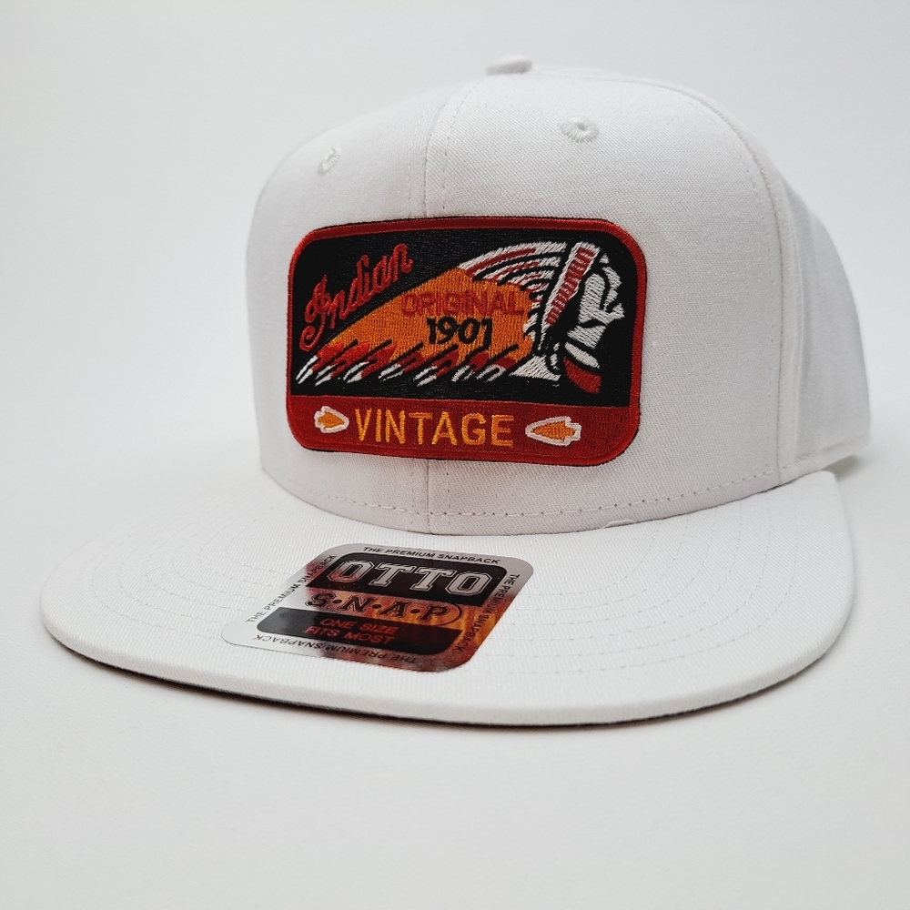 Indian Motorcycle Flat Bill Snapback Hat Cap Solid Cotton White Emb…